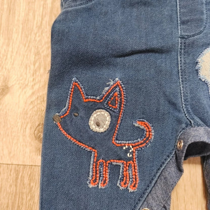 Next Baby Blue Denim Dungarees Overalls Dog Embroidery Snap Inseam 3-6 Months