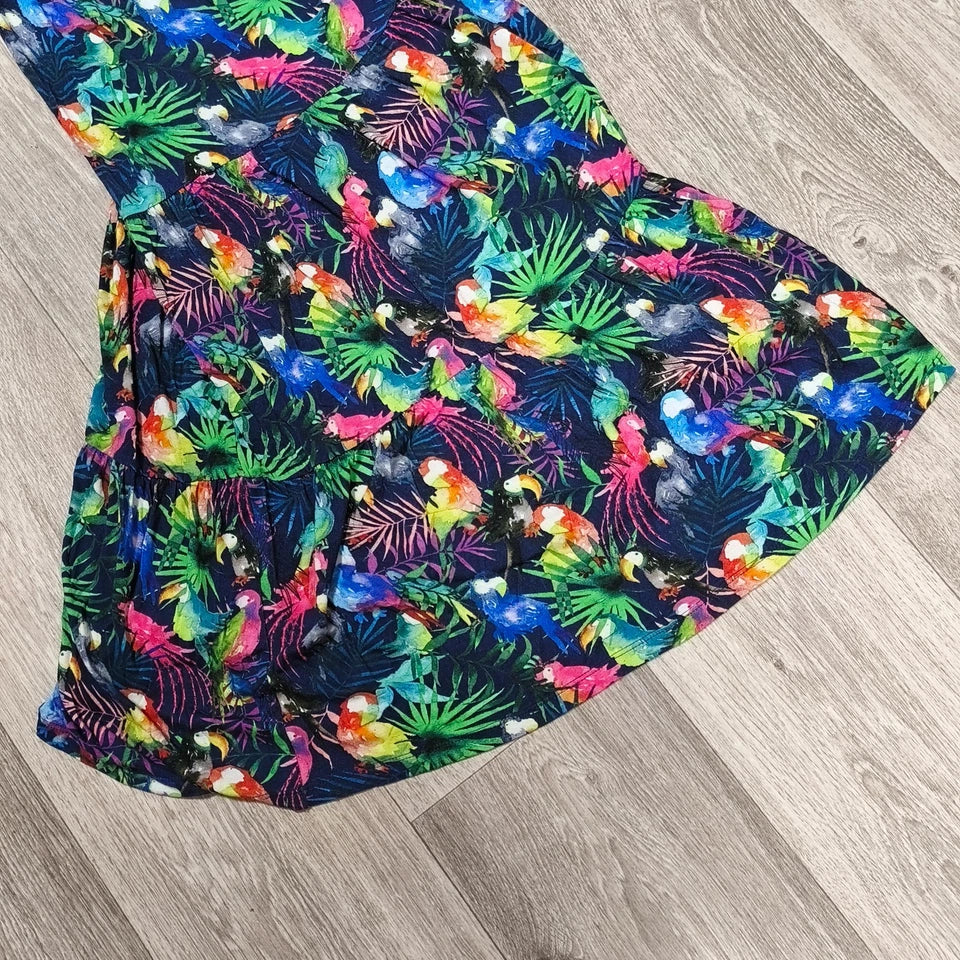 Next Girls Tropical Parrot Print Tiered Dress Age 9 Yrs 134cm Smocked Sundress