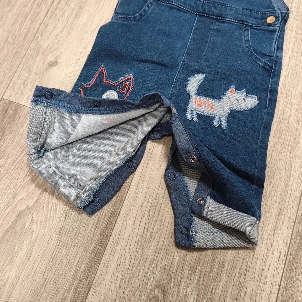 Next Baby Blue Denim Dungarees Overalls Dog Embroidery Snap Inseam 3-6 Months