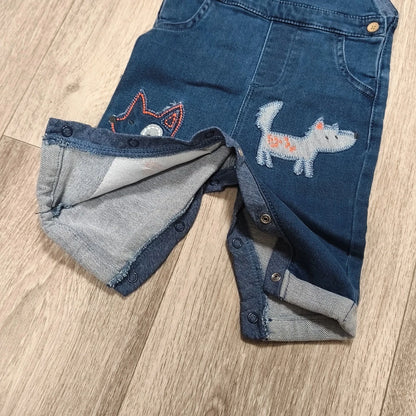 Next Baby Blue Denim Dungarees Overalls Dog Embroidery Snap Inseam 3-6 Months