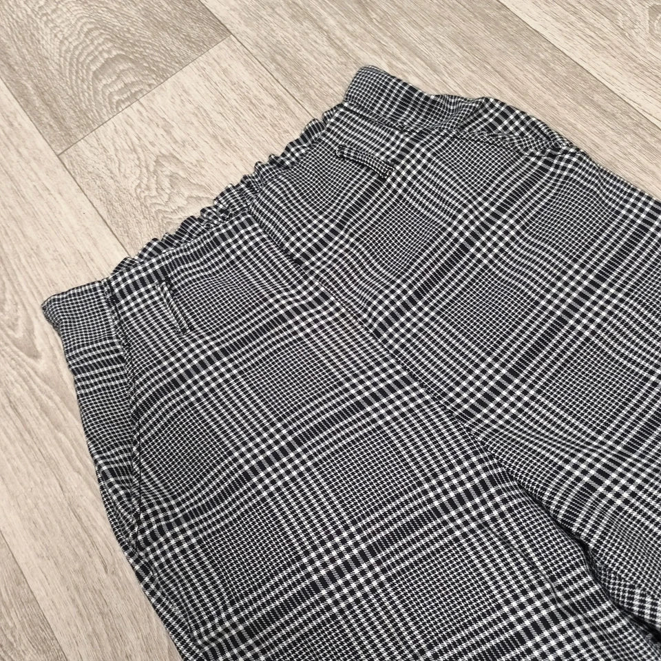 Womens Plaid Check Trousers Elastic Waist Tapered Ankle Pants Smart Casual