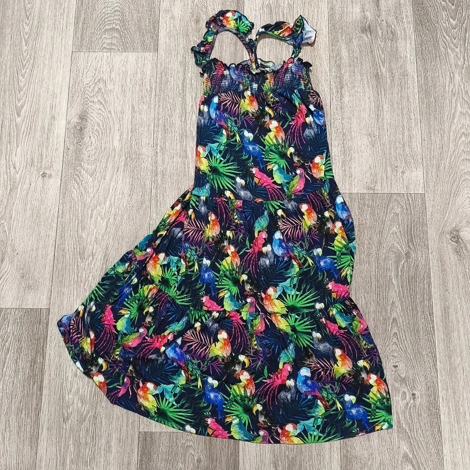Next Girls Tropical Parrot Print Tiered Dress Age 9 Yrs 134cm Smocked Sundress