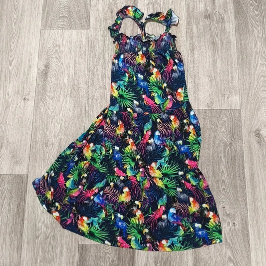 Next Girls Tropical Parrot Print Tiered Dress Age 9 Yrs 134cm Smocked Sundress