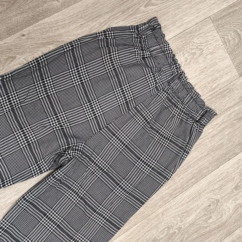Womens Plaid Check Trousers Elastic Waist Tapered Ankle Pants Smart Casual