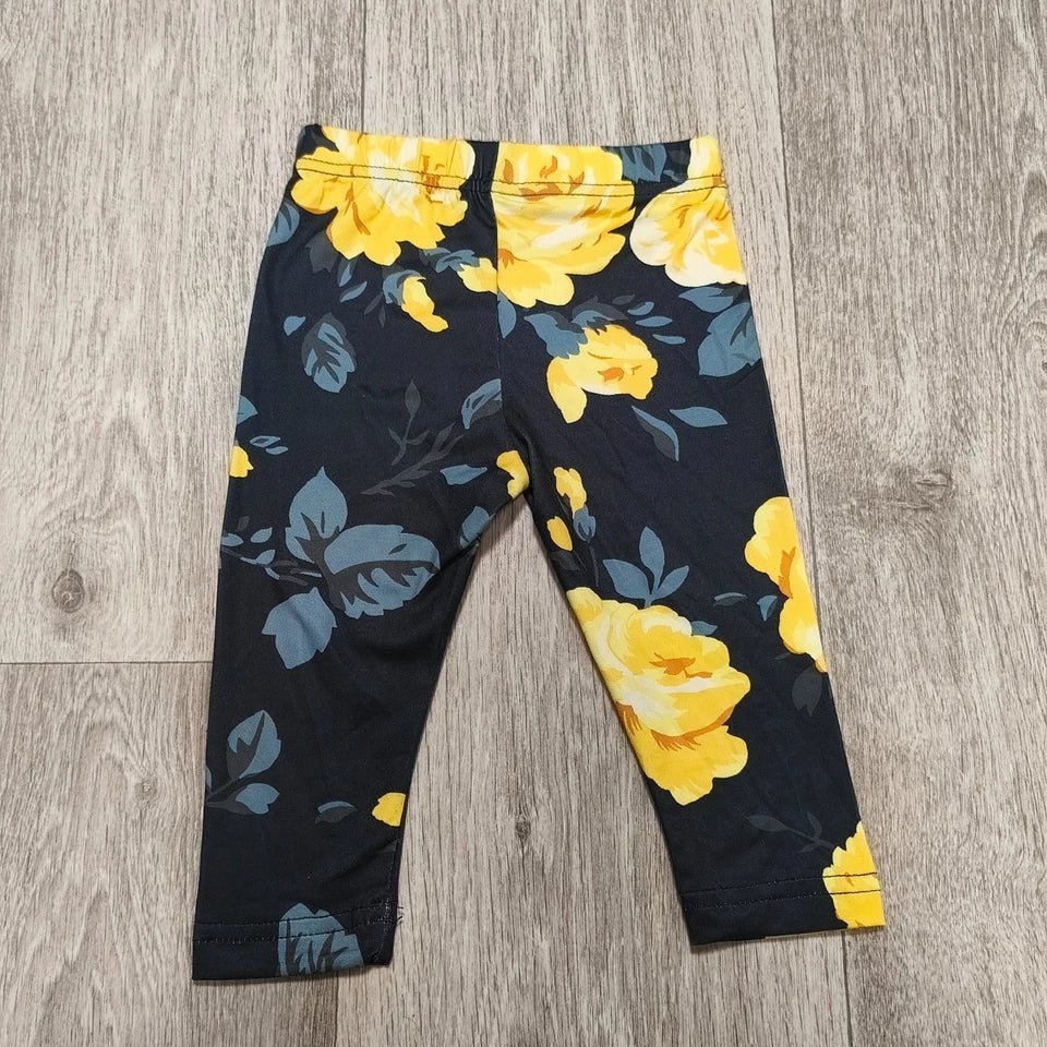 Floral Leggings Yellow Rose Flower Print Stretch Pants Baby Girls Size 6-9M