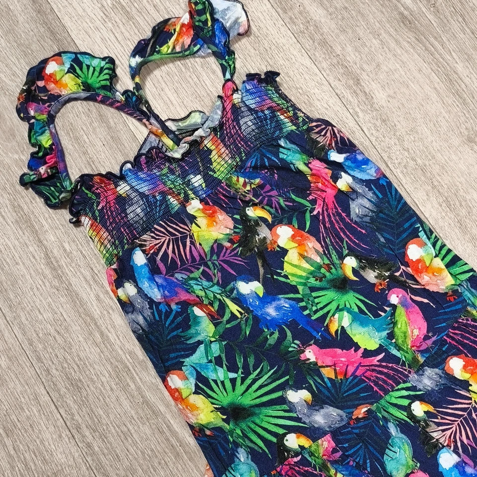 Next Girls Tropical Parrot Print Tiered Dress Age 9 Yrs 134cm Smocked Sundress