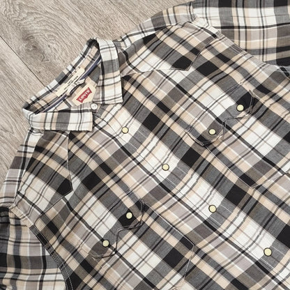 Levi's Mens Western Shirt XXL Slim Fit Plaid Pearl Snap Long Sleeve Beige Black