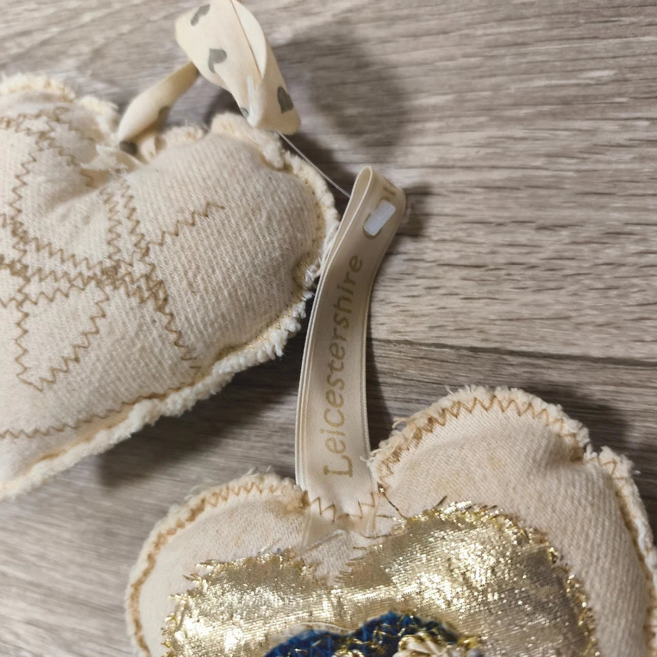 Set 2 Leicestershire Club You 2011 Fabric Heart Hanging Ornaments Gold Decor