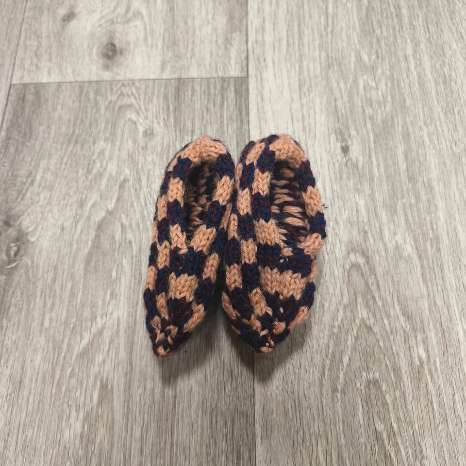 Handmade Knitted Baby Booties Soft Slippers Peach Navy ~14cm Sole