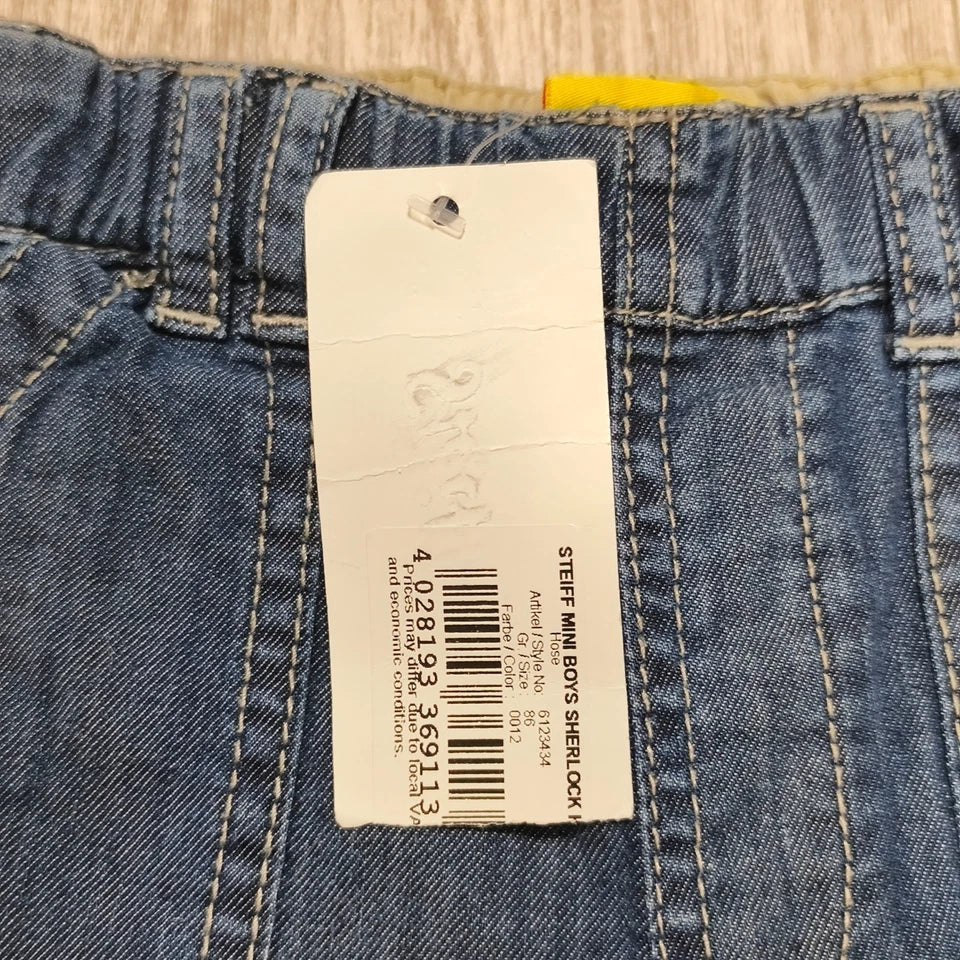 Steiff Original Baby Denim Cargo Pants Blue Elastic Waist Cuffed Jeans NWT