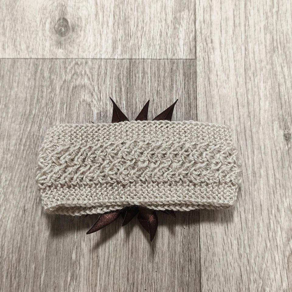 Handmade Knit Headband Beige Brown Satin Flower Rhinestone Ear Warmer