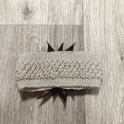 Handmade Knit Headband Beige Brown Satin Flower Rhinestone Ear Warmer