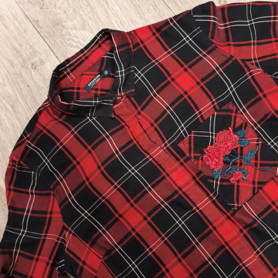 RESERVED Womens Red Black Plaid Shirt Embroidered Rose Pocket Size UK 8 EUR 36