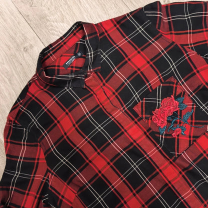 RESERVED Womens Red Black Plaid Shirt Embroidered Rose Pocket Size UK 8 EUR 36