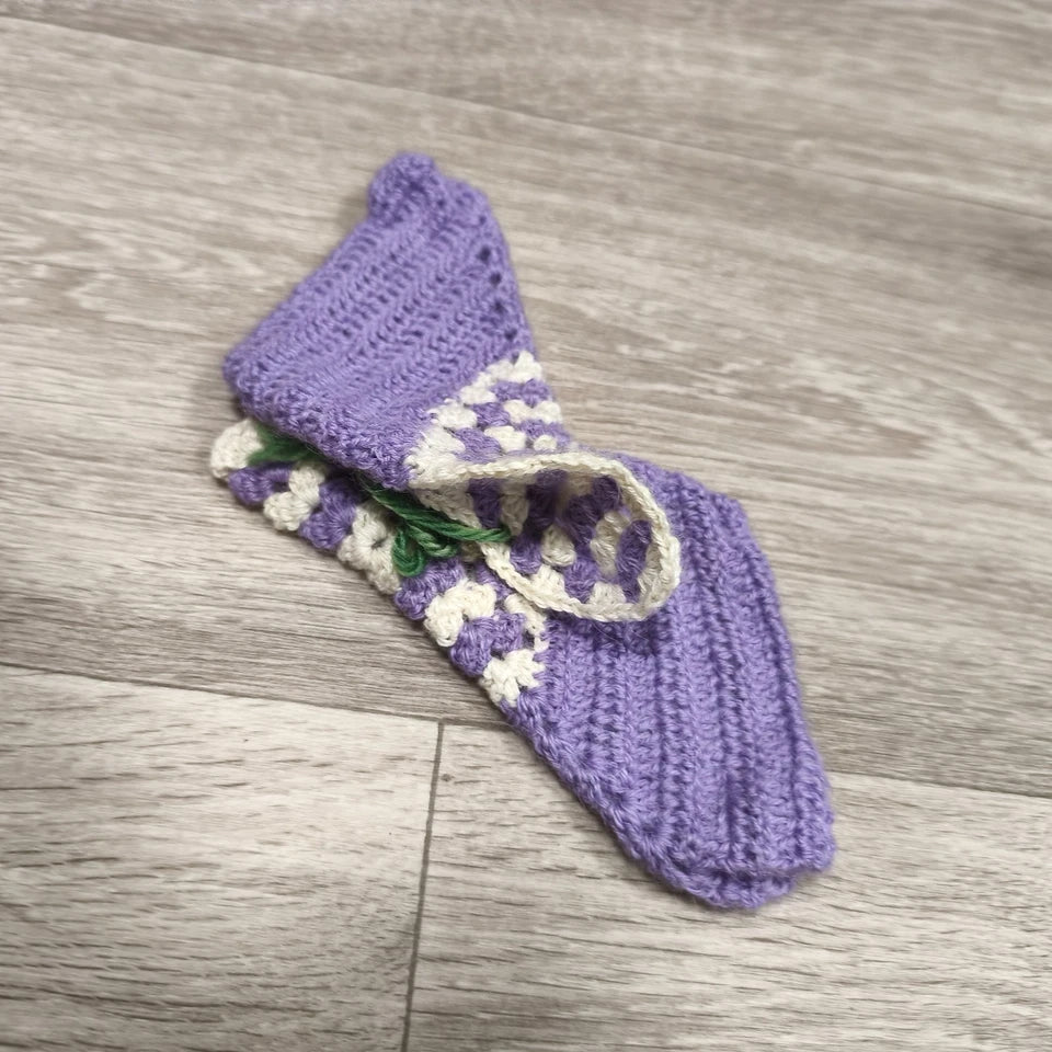 Handmade Crochet Baby Booties Purple Cream Knit Slippers Shoes Green Tie 10cm