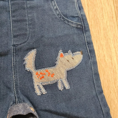 Next Baby Blue Denim Dungarees Overalls Dog Embroidery Snap Inseam 3-6 Months